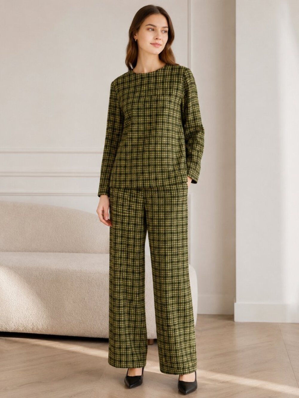 Vintage Women's Pant Suit 1970's Green Plaid Pants & Tunic Style Top Long Sleeve